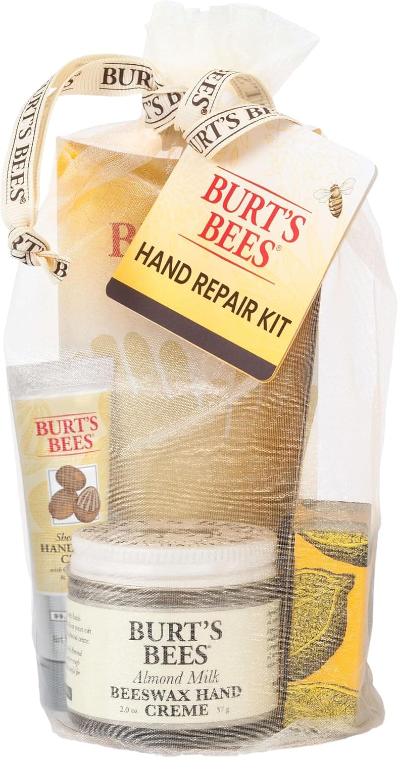 Burt's Bees Hand Repair Gift Set: Almond Milk Hand Cream, Lemon Butter Cuticle Cream, Shea Butter Repair, Cotton Gloves