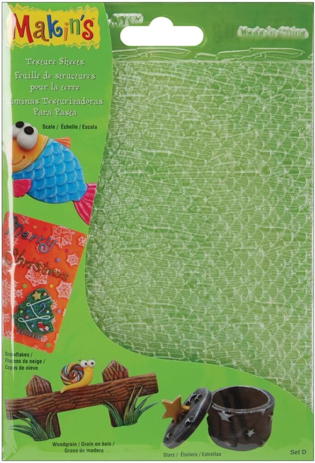 Makin's Clay Texture Sheets 7"x5.5" 4/Pkg, Set D (Scale, Snowflake, Woodgrain & Stars)