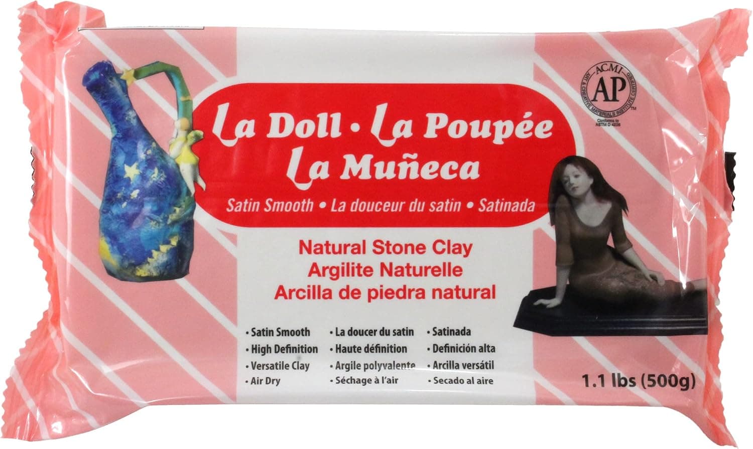 Padico La Doll Satin Smooth Clay, White, Air Dry Natural Stone Clay, 1.1lb (500g) - Specialty Clay for Doll Making, Sculpting & Carving