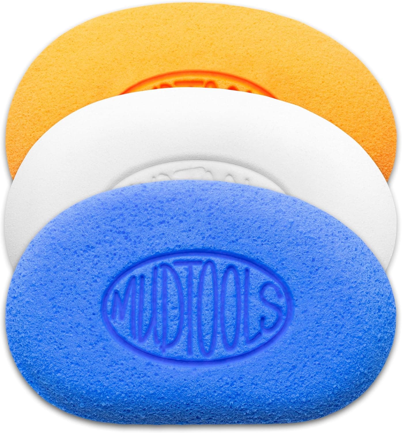 Mudtools MudSponges 3-Pack: White Finishing, Orange Absorbent, Blue Workhorse Pottery Sponges