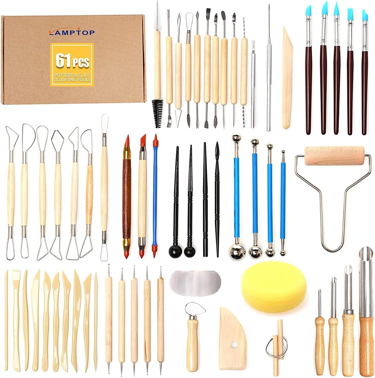 LAMPTOP 61Pcs Pottery Ceramic Tools & Polymer Clay Sculpting Tools Set for Pottery Modeling and Carving