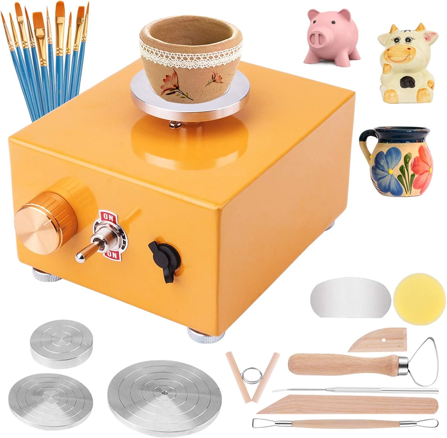 Yofuly Mini Pottery Wheel with 3 Mini Turntables, 2300RPM Electric Pottery Wheel Machine with 6 Pottery Shaping Tools (Golden)
