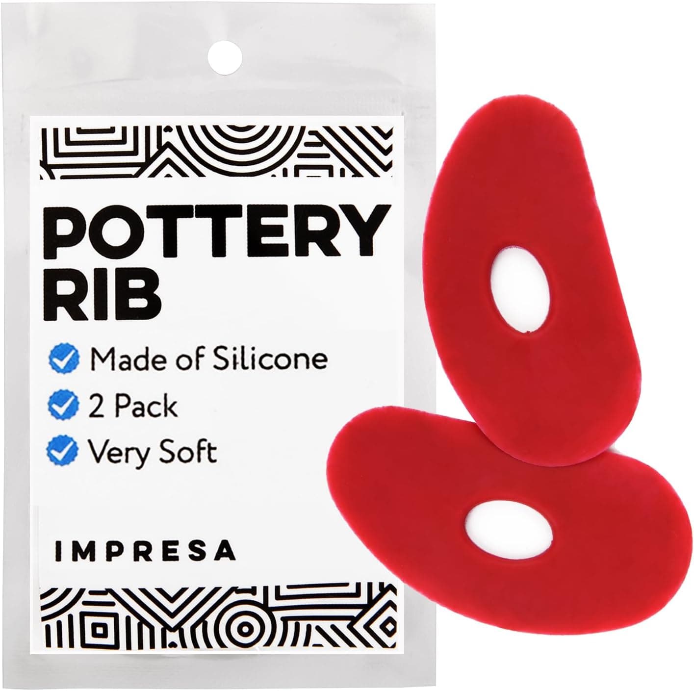 Impresa Pottery Tools & Ribs - 2-Pack Red Silicone Clay Ribs & Rubber Kidney - Soft Ceramic Smoother