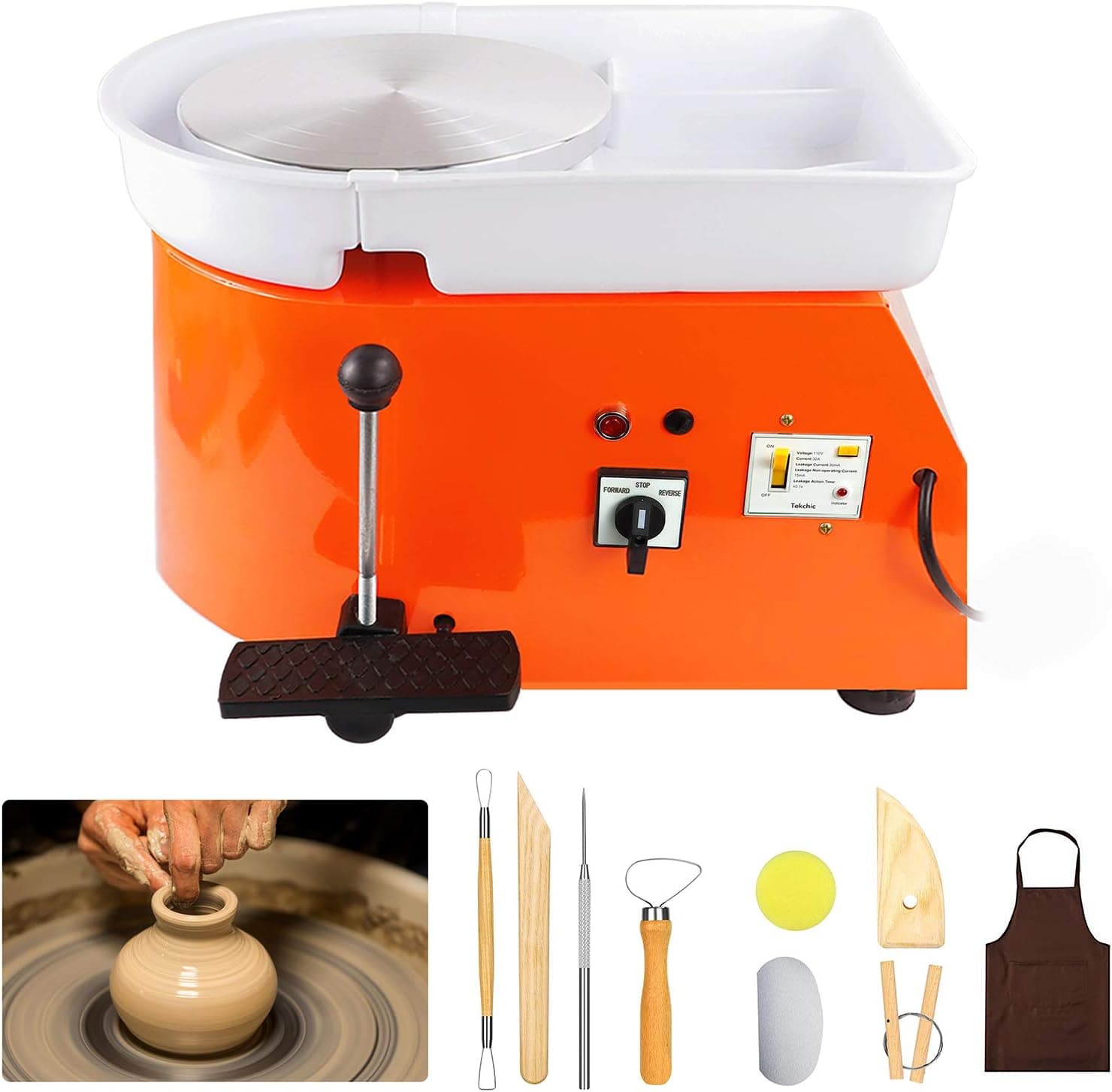 TEKCHIC Pottery Wheel Machine 25CM 350W Electric Pottery DIY Clay Tool with Foot Pedal - Orange