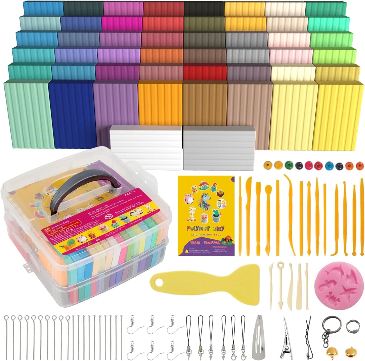 Aestd-ST Polymer Clay Kit 50 Colors, Oven Bake Modeling Clay for Kids, DIY Starter Kit with 20 Sculpting Tools & Accessory