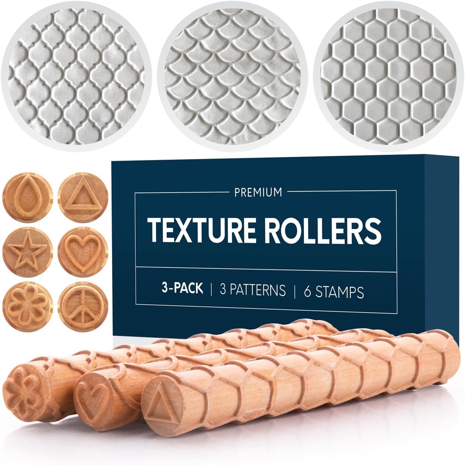 Byllstore Extra Large Clay Texture Rollers with Pottery Stamps, 3 Rollers + 6 Clay Stamps (9" x 1.2")