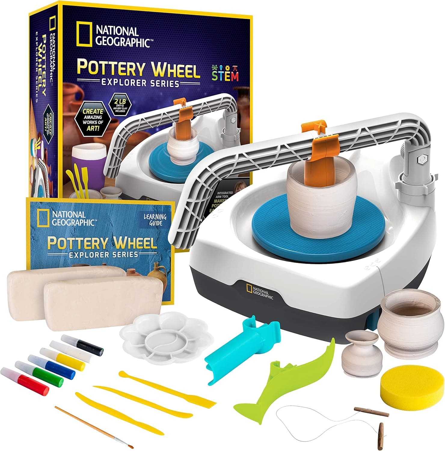 NATIONAL GEOGRAPHIC Pottery Wheel for Kids - Complete Pottery Kit for Beginners, Plug-in Motor, 2 lbs. Air Dry Clay, Sculpting Clay Tools, Apron & More