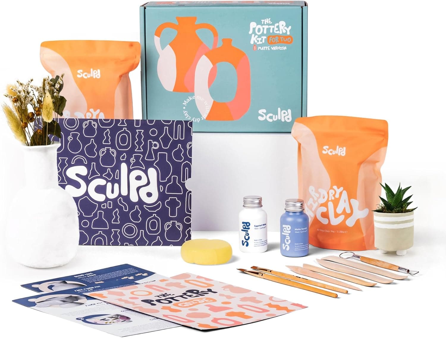 Sculpd The Original Pottery Kit for Adults, Air Dry Clay with Tools, Varnish, Paints and Brushes