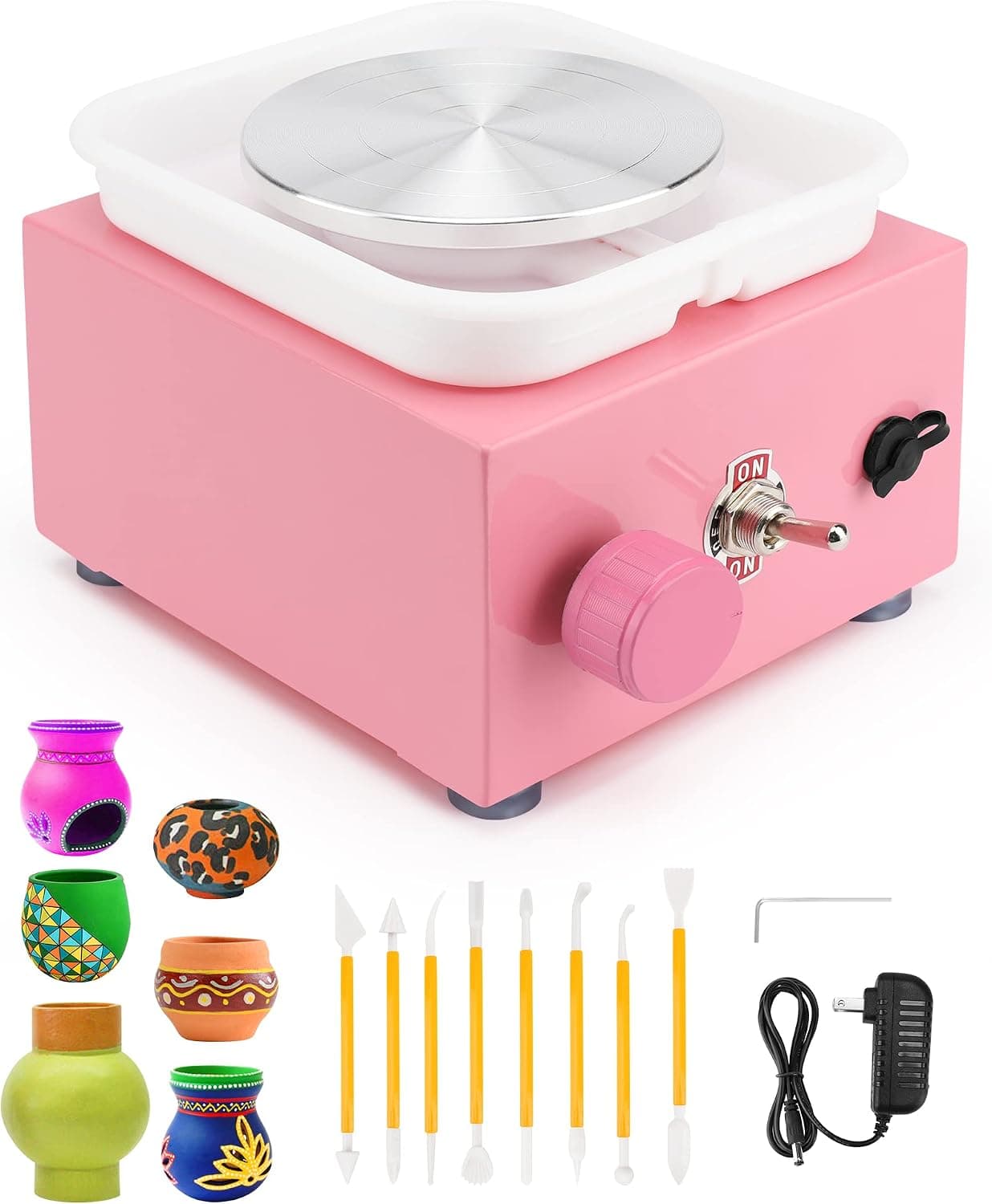 Brrxiur Mini Pottery Wheel for Kids 10CM Forming Machine Electric Ceramic Wheel with Clay Tools for Adults Beginners (Pink)
