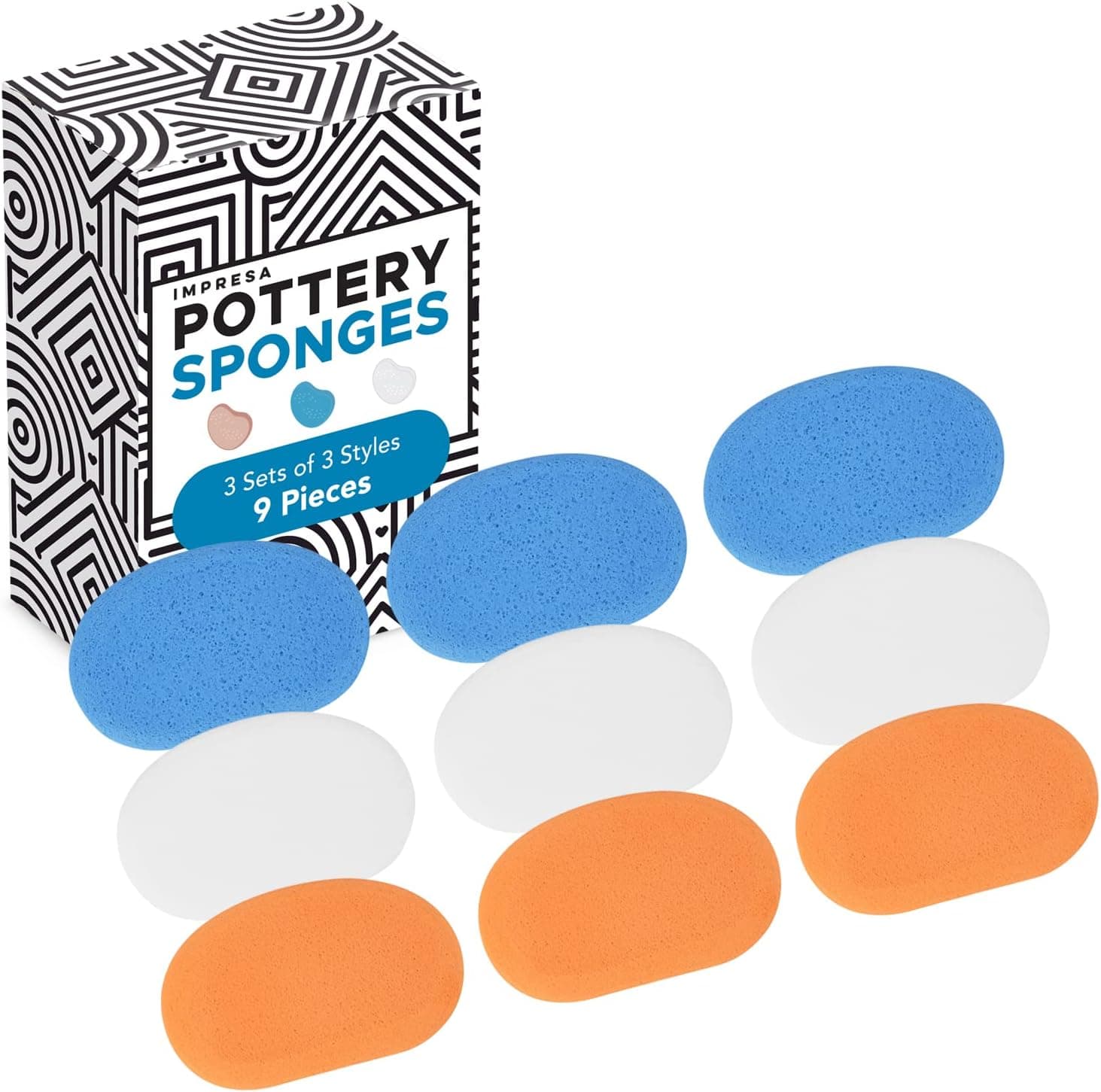 Impresa 9-Pack Smooth Pottery Sponge Set - Multicolor Foam, Triple Density for Shaping & Smoothing Clay