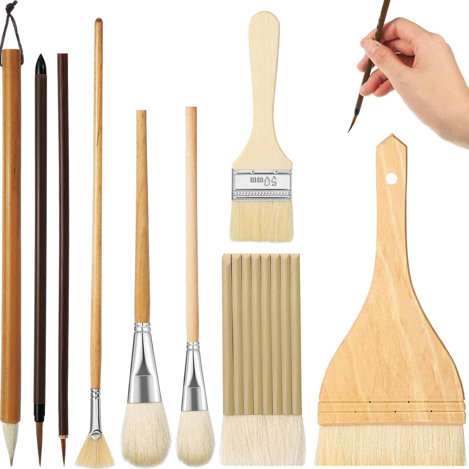 Geelin 9 Pcs Pottery Glaze Brushes Ceramic Brushes Set for Glazing, Different Shapes, Wool Bristle Art Paintbrush Set