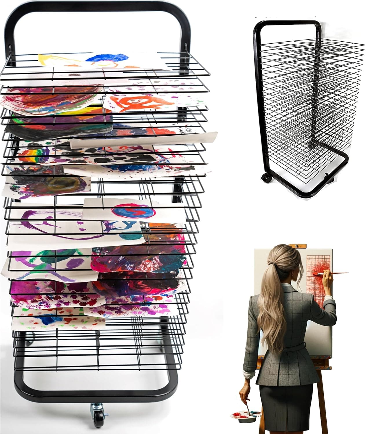 Joymaney Art Drying Rack with 25 Removable Shelves, 90 Degree Lift, Mobile and Sturdy