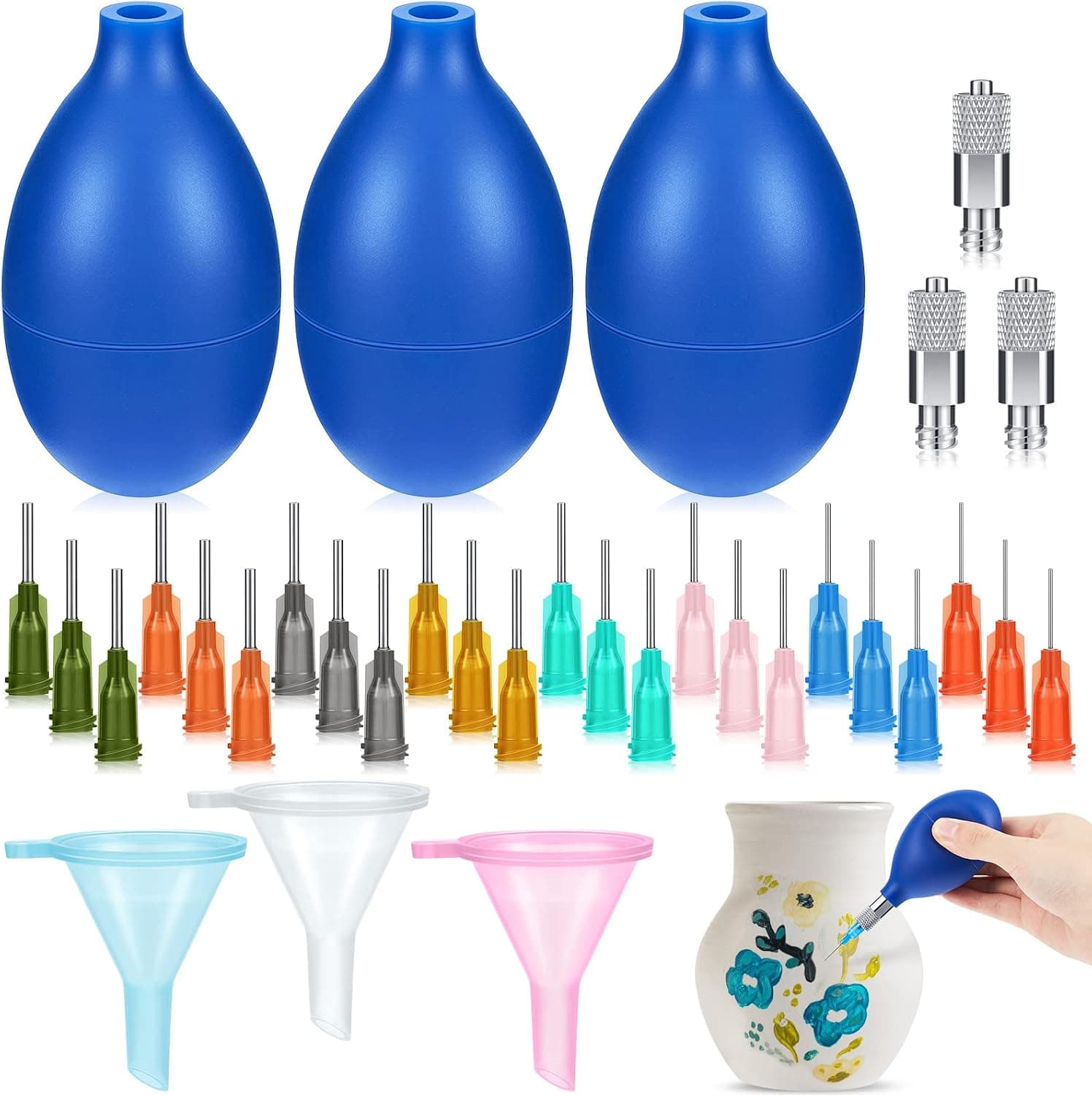 Frienda 3 Sets Slip Trailer Bottle for Pottery Ceramic Glaze Precision Tip Applicator with 24 Pcs Needles of Various Sizes and 3 Filling Funnels