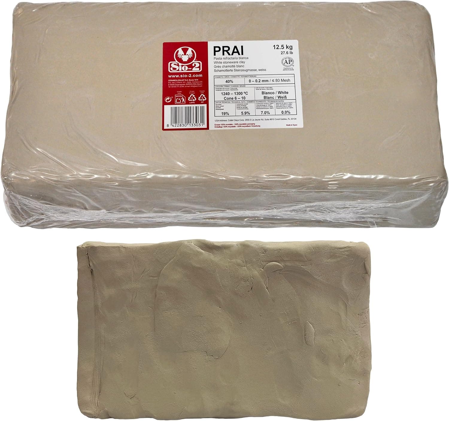 SIO-2 PRAI White High Fire Stoneware Clay, 27.6 lb (Cone 6-10) Natural Modeling Pottery Clay for Wheel Throwing & Hand Building