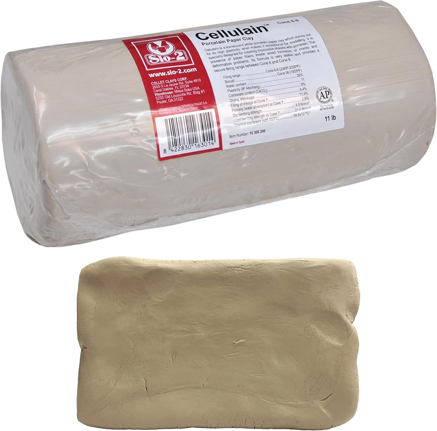 SIO-2 Cellulain High Fire Paper Porcelain Clay, 11 lb (Cone 6-8) Natural Modeling Pottery Clay for Wheel Throwing & Hand Building