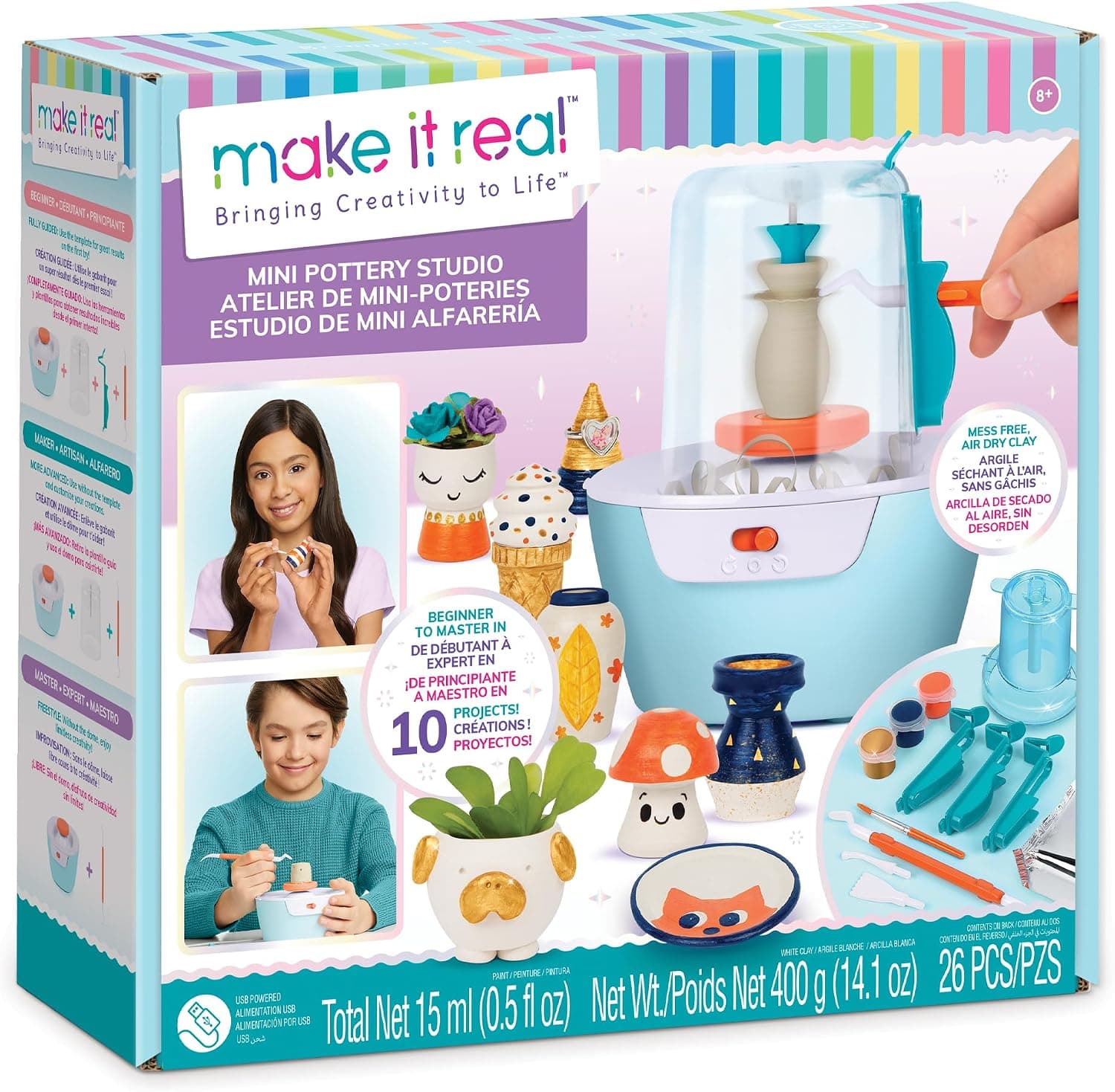 Make It Real Mini Pottery Studio, 26-Piece DIY Pottery Kit with Mess-Free Air Dry Clay, 10 Projects