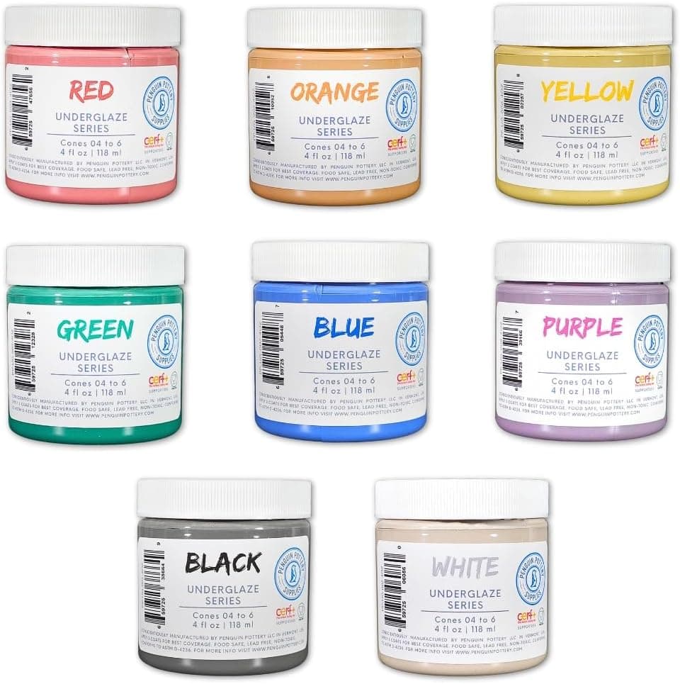 Penguin Pottery - 8-Color Underglaze Variety Set (4oz Jars), Cone 04 to Cone 6