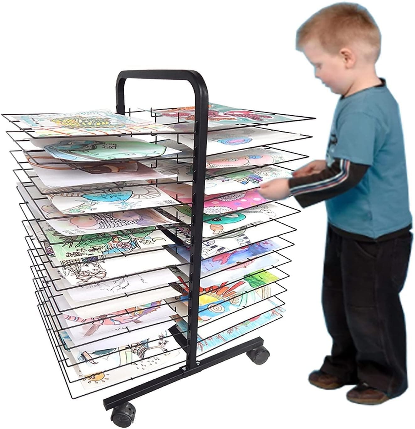 Metal Steel Double Sided Mobile Art Drying Rack for Classroom with Wheels