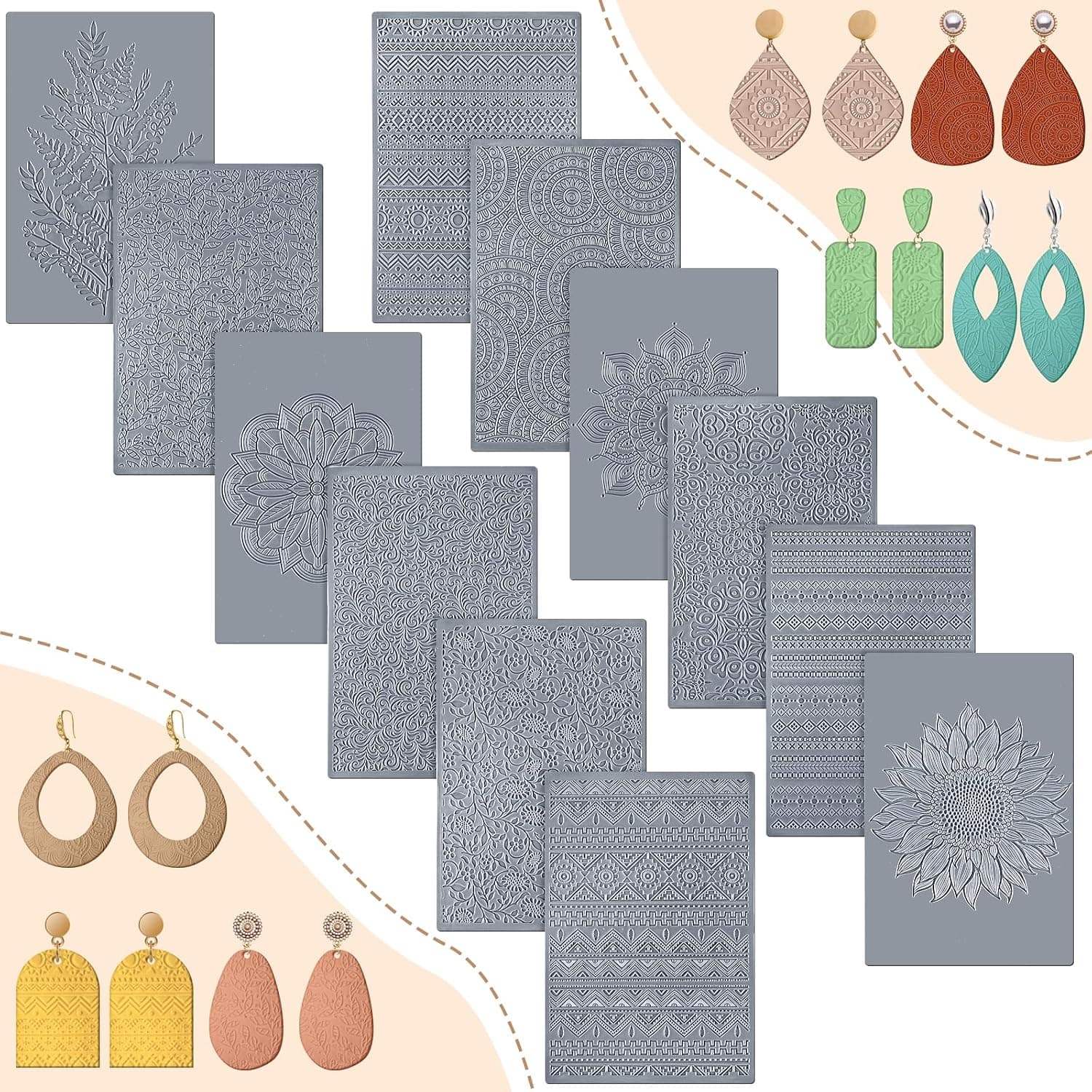 DoubleFill 12 Pcs Polymer Clay Texture Sheets Mat for Pottery Earrings Jewelry Making