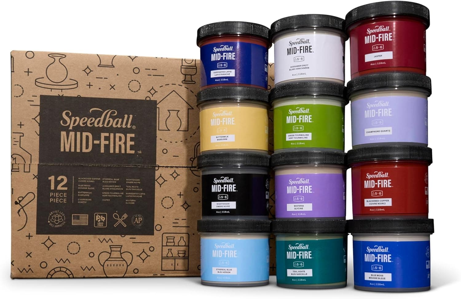 Speedball Mid-Fire Glaze, 4-Ounce Sample Set, Assorted Colors, 12 Jars