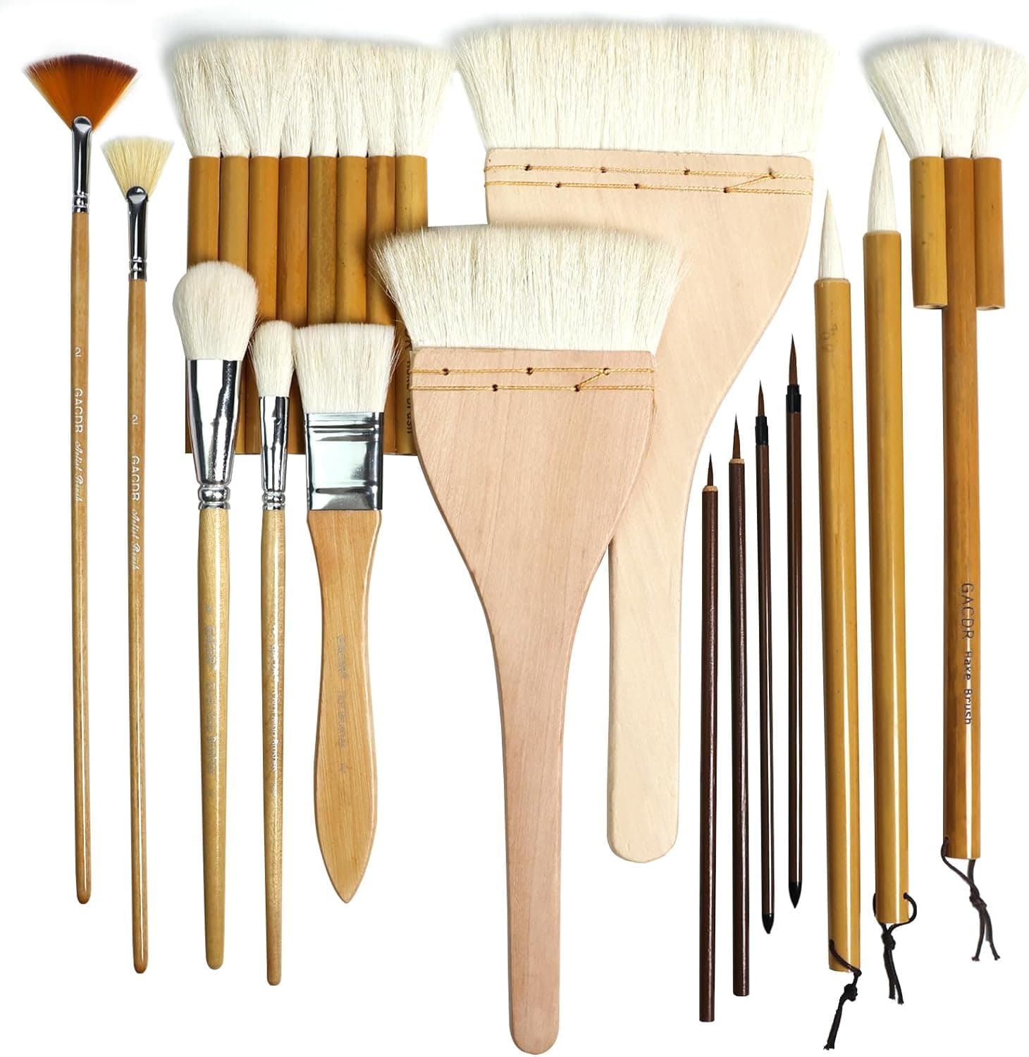 GACDR Pottery Brushes for Glazing, 15 Pcs Ceramic Brush Set With Storage Box, Wool Bamboo Hake for Pottery, Acrylic, Watercolor