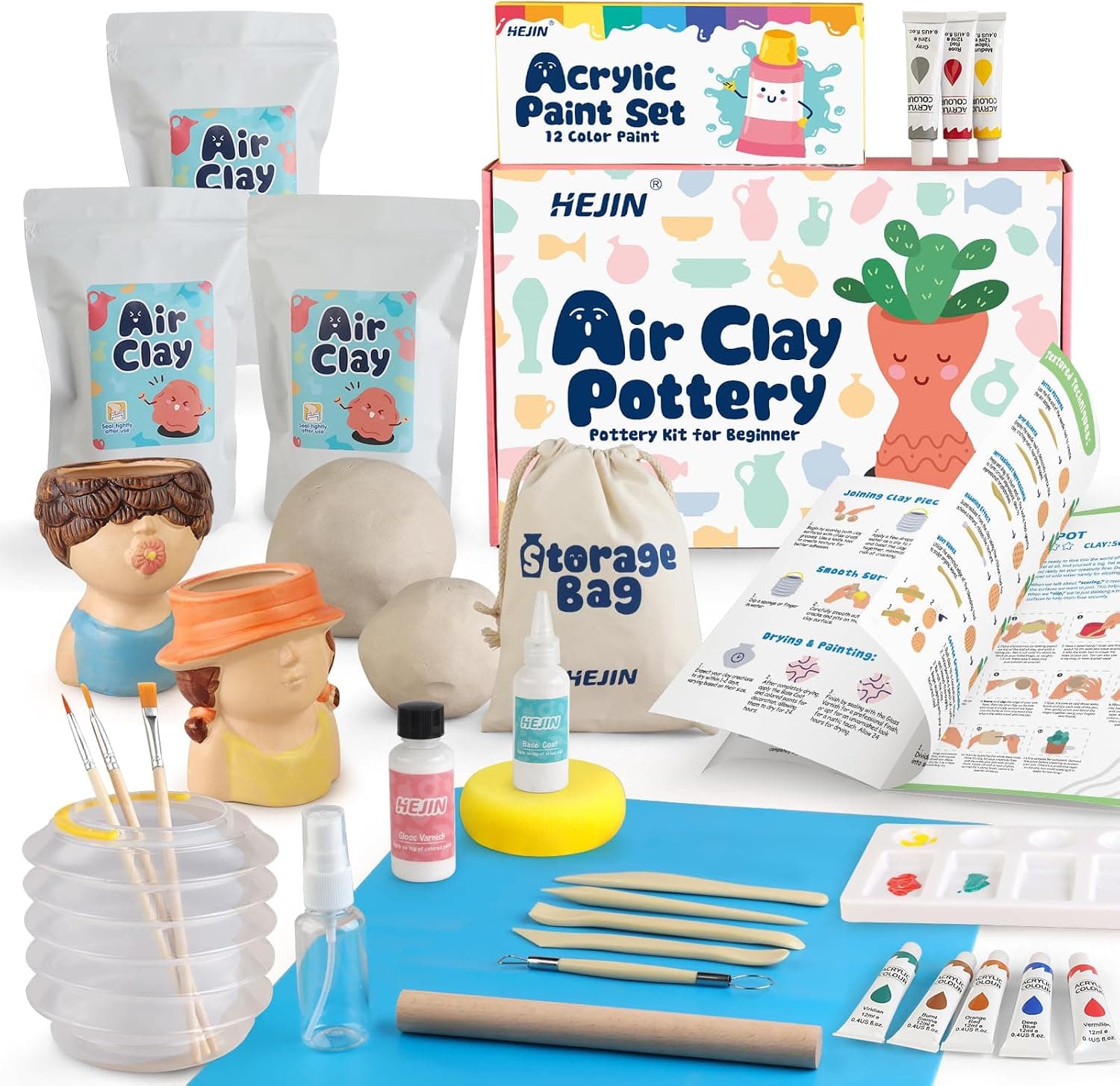 HEJIN Air Dry Clay Kit for Adults, 3.3 lbs Clay + 30 Pcs Pottery Craft Kit with Tools, 12 Paints and Varnish