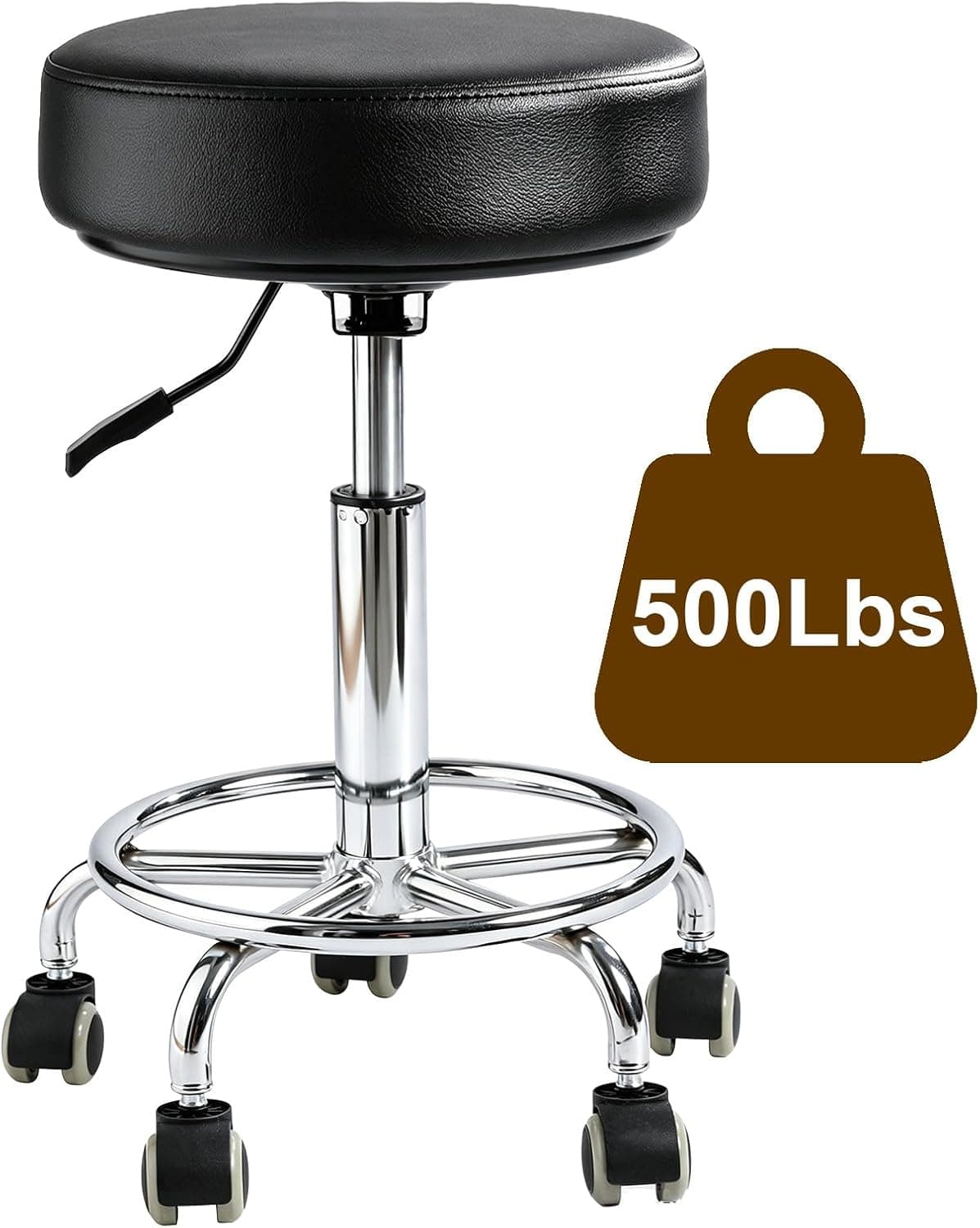 LIMKOMES Rolling Stool with Wheels, 500 lbs, Thick Cushion, Height Adjustable PU Leather
