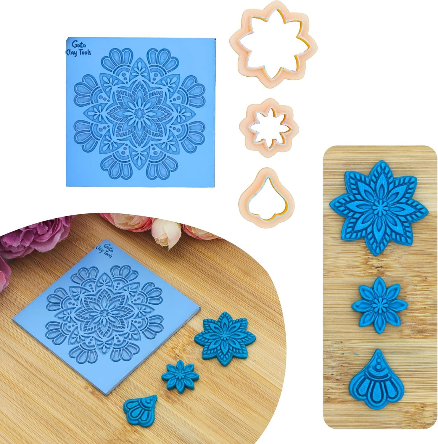 GOTO CLAY TOOLS Mandala Texture Mat for Polymer Clay Earring, Texture Mat with Cutters M-1