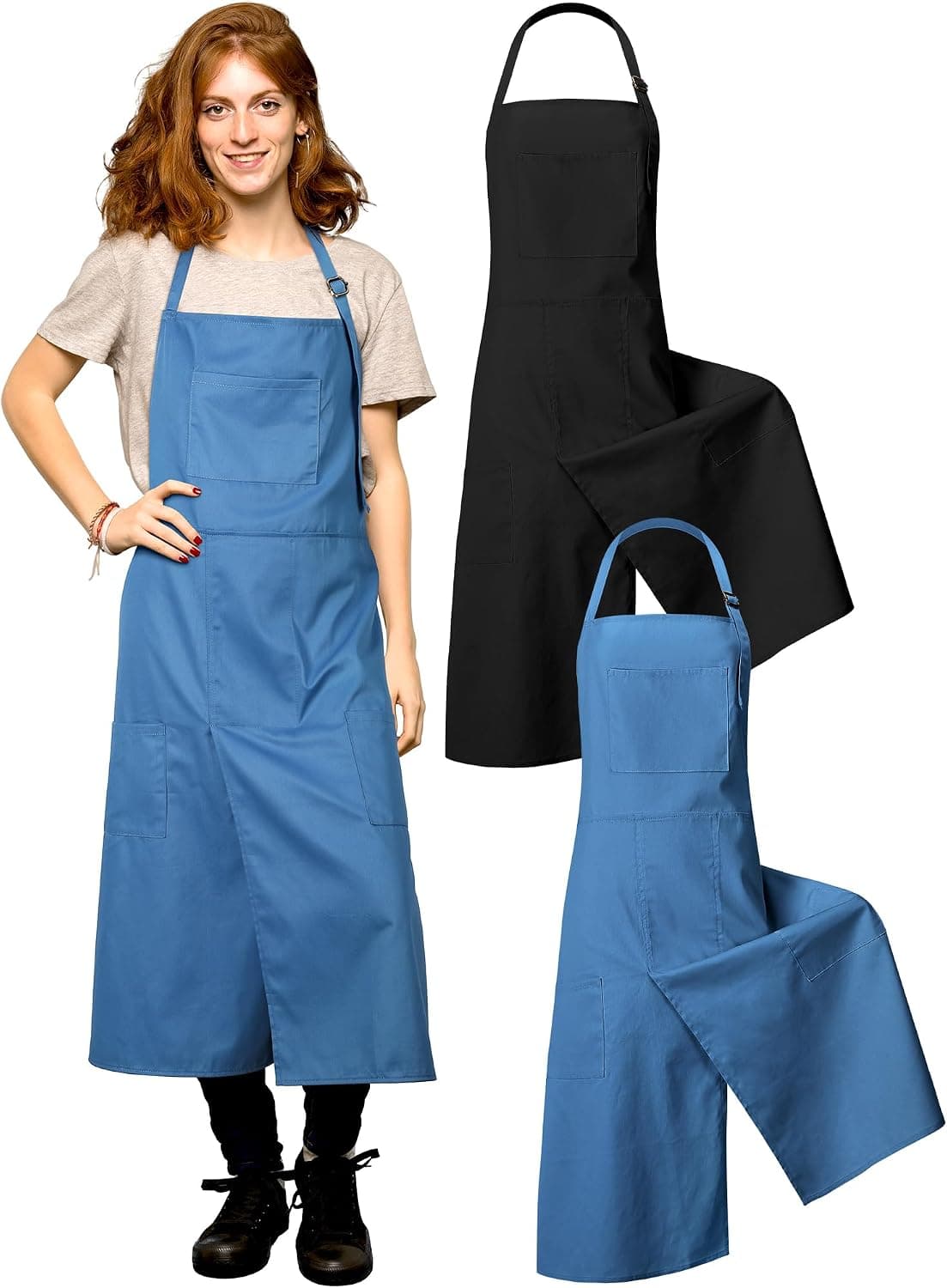 Breathffy 2 Pcs Pottery Aprons Split Leg Adjustable Ceramics Apron with 3 Pockets (Black, Blue)