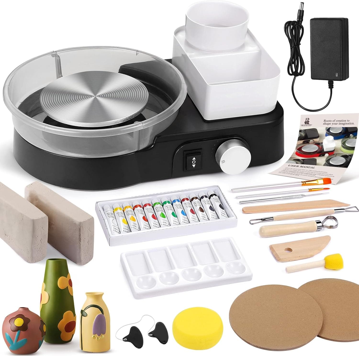 Pottery Wheel for Adults - Complete Pottery Tools Kit for Beginners, 6" Turntable Two-Way Rotation Adjustable Speed, 2.2 lbs. Air Dry Clay (Black)