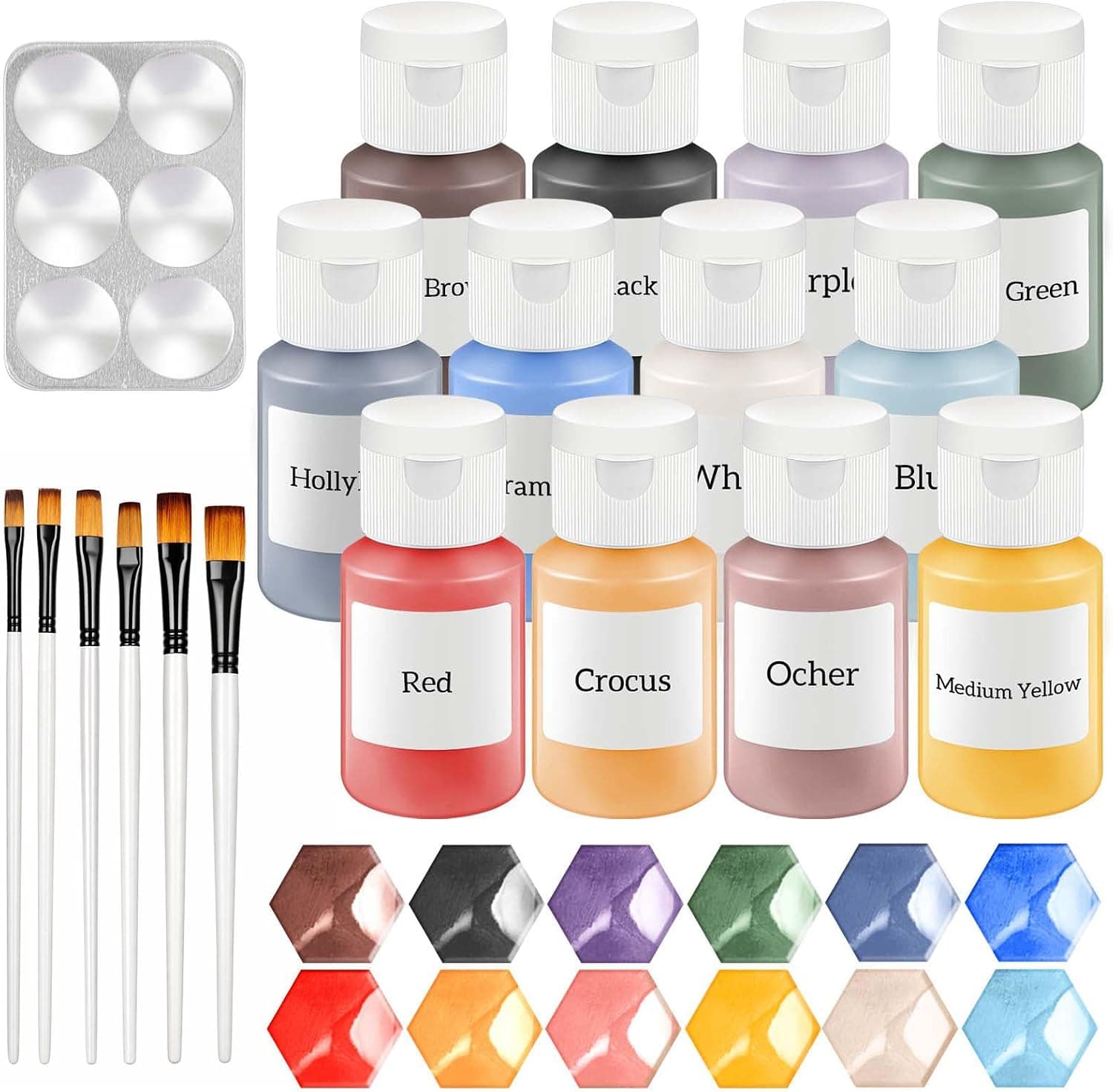 Dunzoom Set of 12 Underglaze for Ceramics Kit with 6 Paint Brushes and Paint Tray, 2 oz