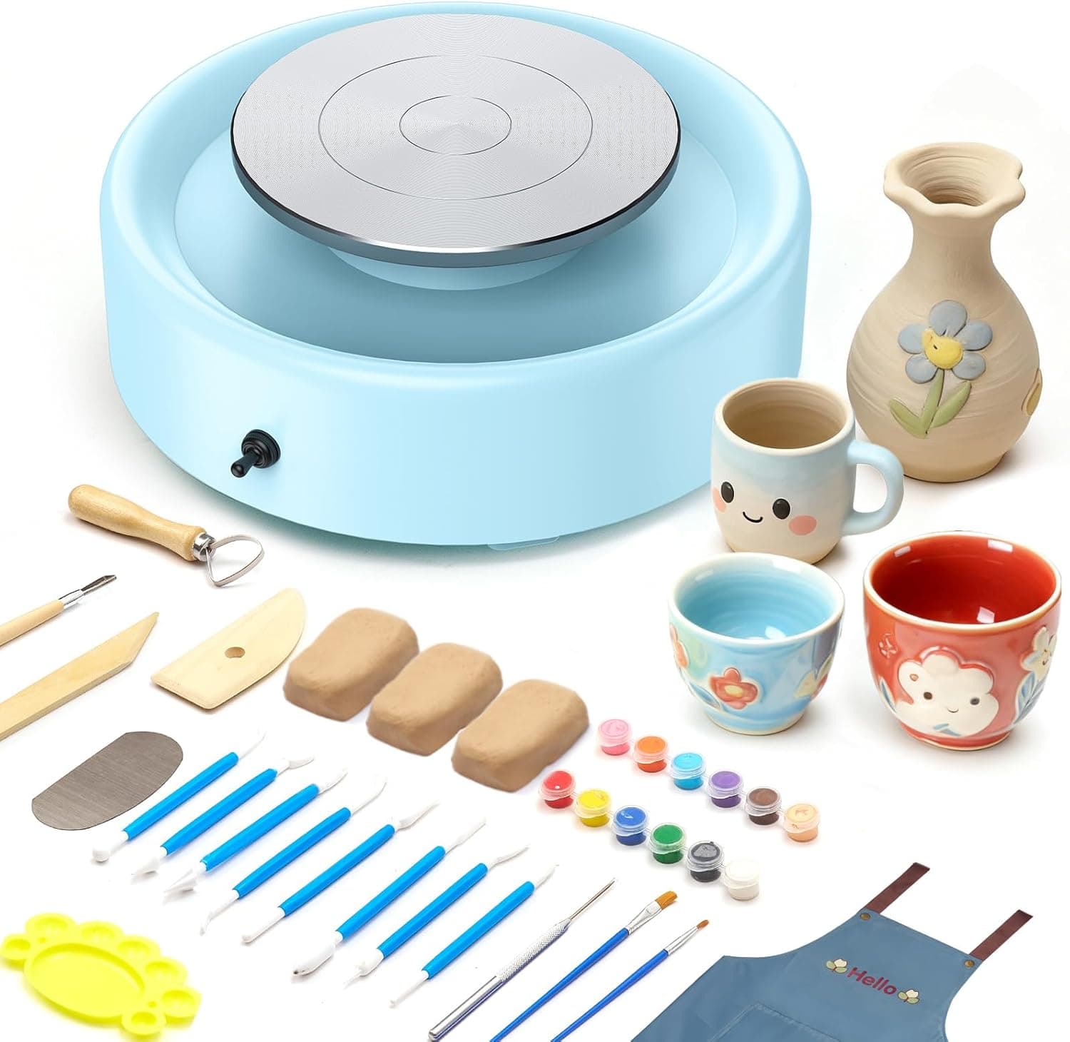 Alldeer Mini Pottery Wheel Machine - 6" Upgraded Clay Wheel for Beginners & Kids, 75W Motor, Adjustable Speed, with 18PCS Sculpting Tools