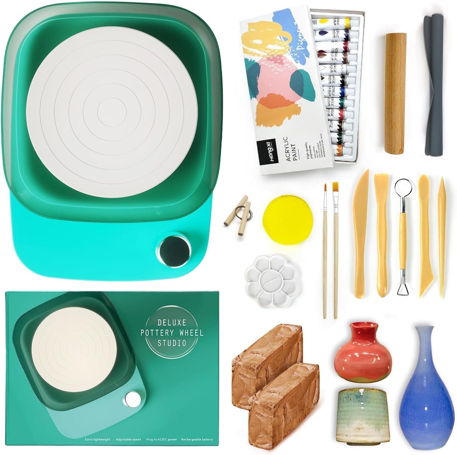 Pottery Wheel for Adults Beginners Kids - 6" Variable Speed Pottery Wheel Tool Kit, RPM Speed Adjustable with Rechargeable Battery, 1.8 Lb Air Dry Clay