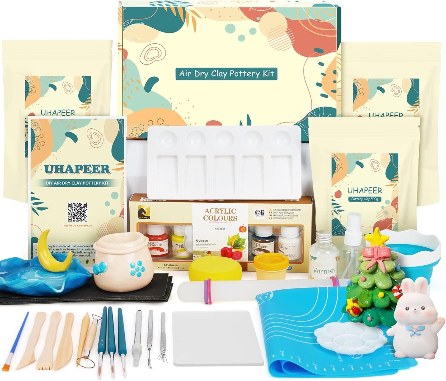 UHAPEER Air Dry Clay Kit for Adults, Pottery Set for Beginners with Clay, Sculpting Tools, Varnish and Paint