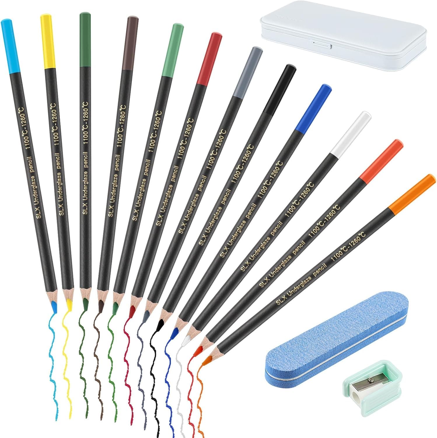 Dunzoom 12 Colors Underglaze Pencils for Ceramics Pottery with Pencil Case, Eraser, Sharpener - Fine Detailing, Sketching and Shading