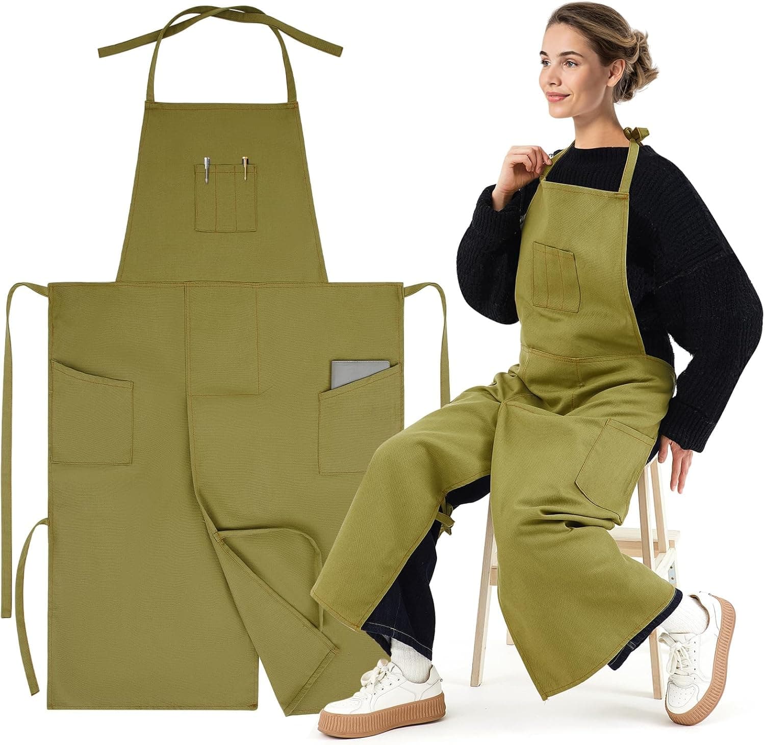 Cotwinter Pottery Apron Split Leg, Full Coverage Polyester Canvas Ceramics Apron with Large Pockets, Cross Back