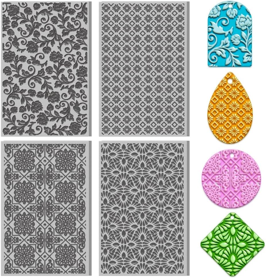ACRNIGHEET 4PCS Polymer Clay Texture Sheets Set, Vintage Clay Texture Mats for Pottery Jewelry Making