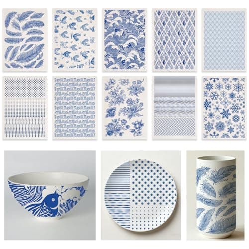 GLASSWINDS 10PCS Blue Rustic Underglaze Transfers for Pottery,14.6x20.5IN