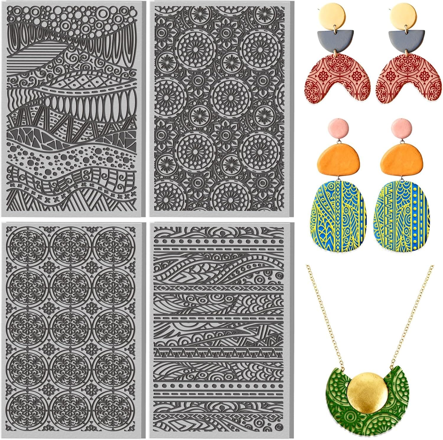 CONCHLERY 4 Sheets Retro Mandala Clay Texture Mat Tribal Element Polymer Clay Texture Sheets