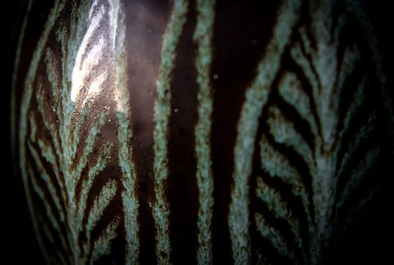 A close-up shot of a textured ceramic surface with intricate dark patterns, highlighting artistic design